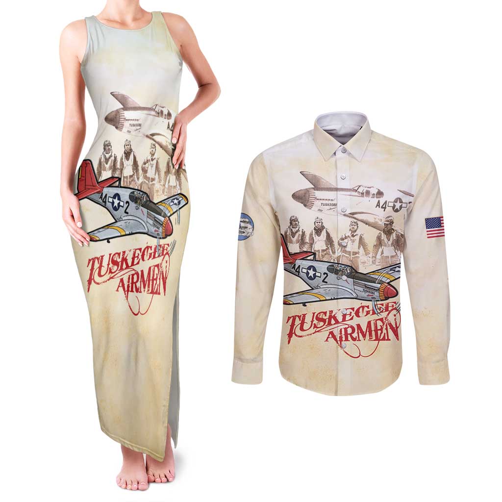 Tuskegee Red Tails Airmen Couples Matching Tank Maxi Dress and Long Sleeve Button Shirt History Aviator Heroes Retro Style - Wonder Print Shop