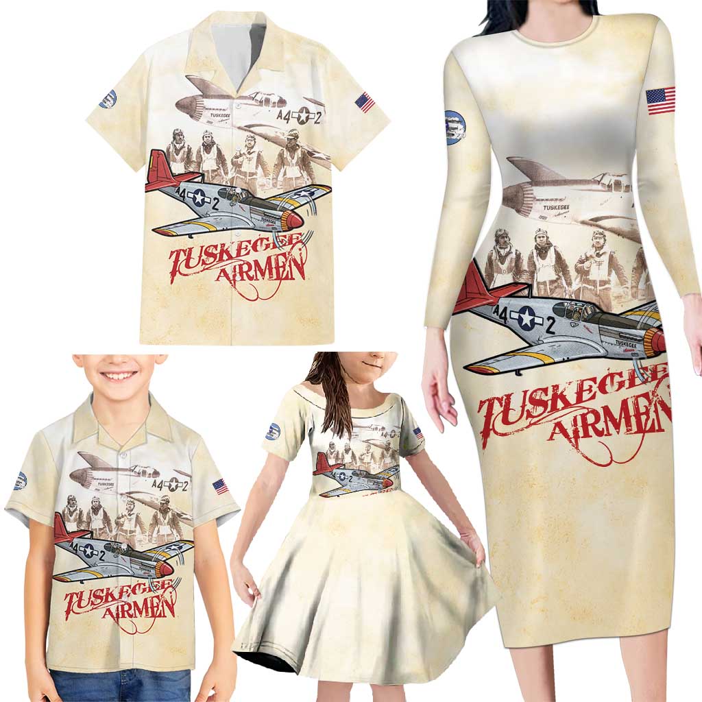 Tuskegee Red Tails Airmen Family Matching Long Sleeve Bodycon Dress and Hawaiian Shirt History Aviator Heroes Retro Style - Wonder Print Shop