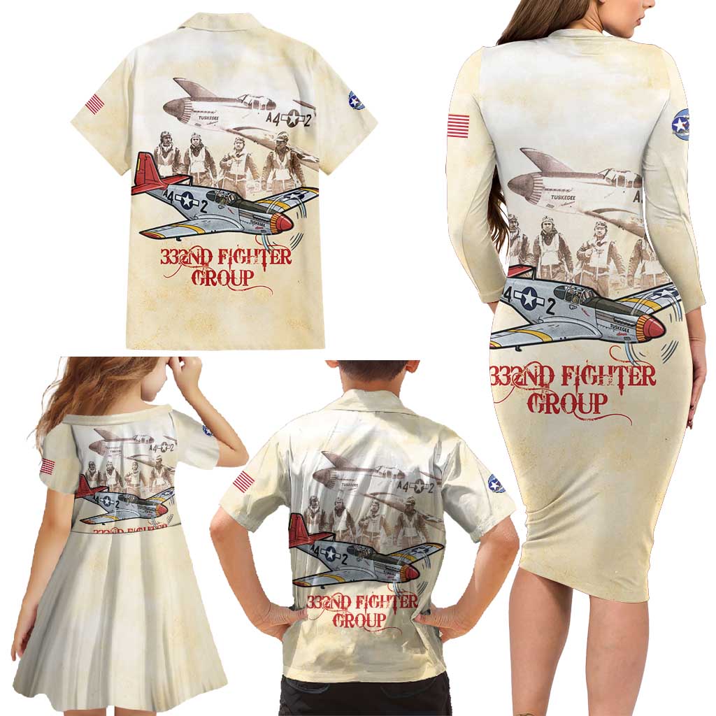 Tuskegee Red Tails Airmen Family Matching Long Sleeve Bodycon Dress and Hawaiian Shirt History Aviator Heroes Retro Style - Wonder Print Shop