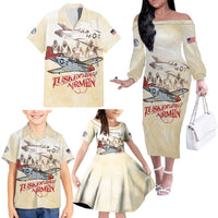 Tuskegee Red Tails Airmen Family Matching Off The Shoulder Long Sleeve Dress and Hawaiian Shirt History Aviator Heroes Retro Style - Wonder Print Shop