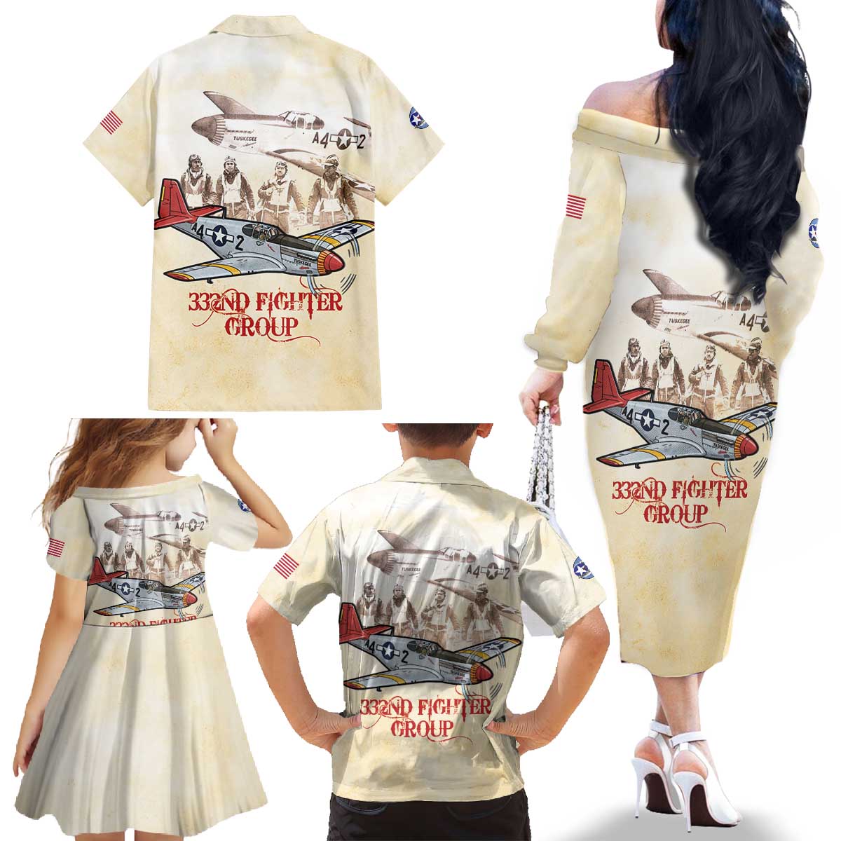 Tuskegee Red Tails Airmen Family Matching Off The Shoulder Long Sleeve Dress and Hawaiian Shirt History Aviator Heroes Retro Style - Wonder Print Shop