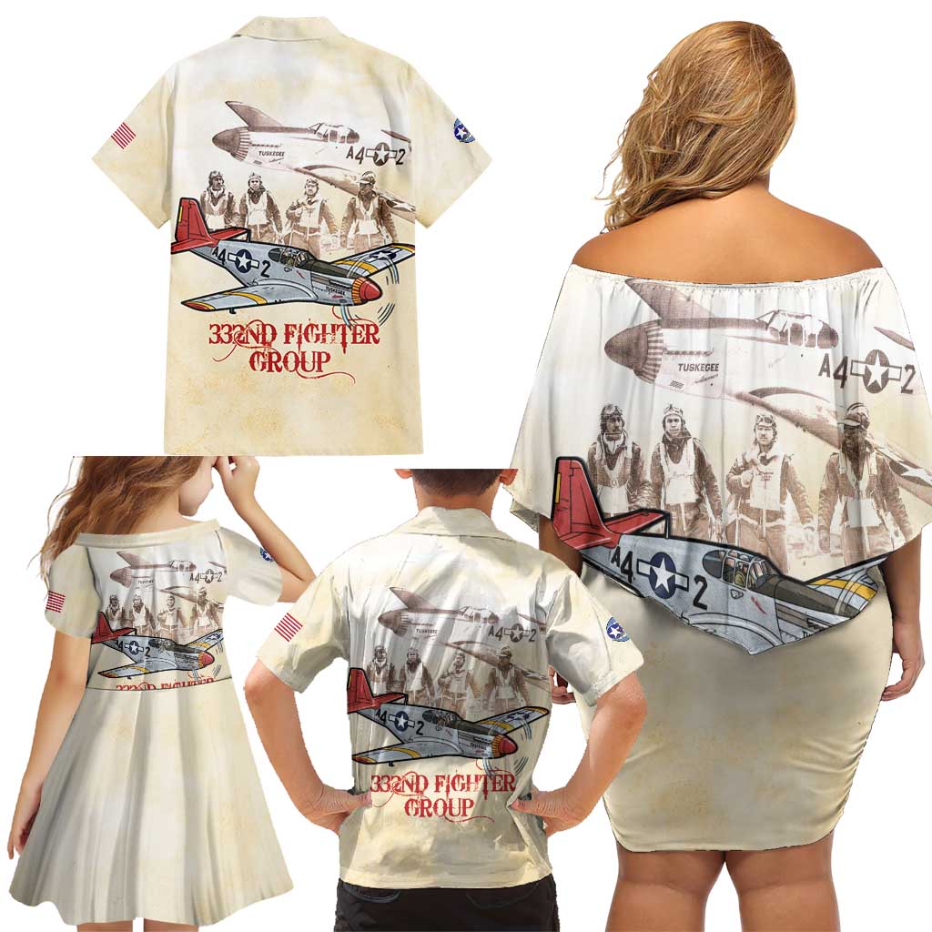 Tuskegee Red Tails Airmen Family Matching Off Shoulder Short Dress and Hawaiian Shirt History Aviator Heroes Retro Style - Wonder Print Shop
