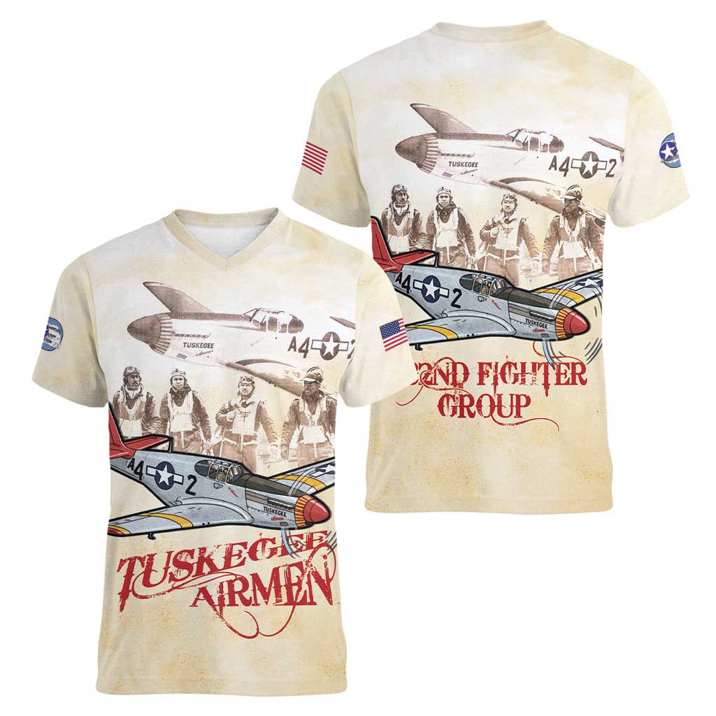 Tuskegee Red Tails Airmen Women V-Neck T-Shirt History Aviator Heroes Retro Style - Wonder Print Shop