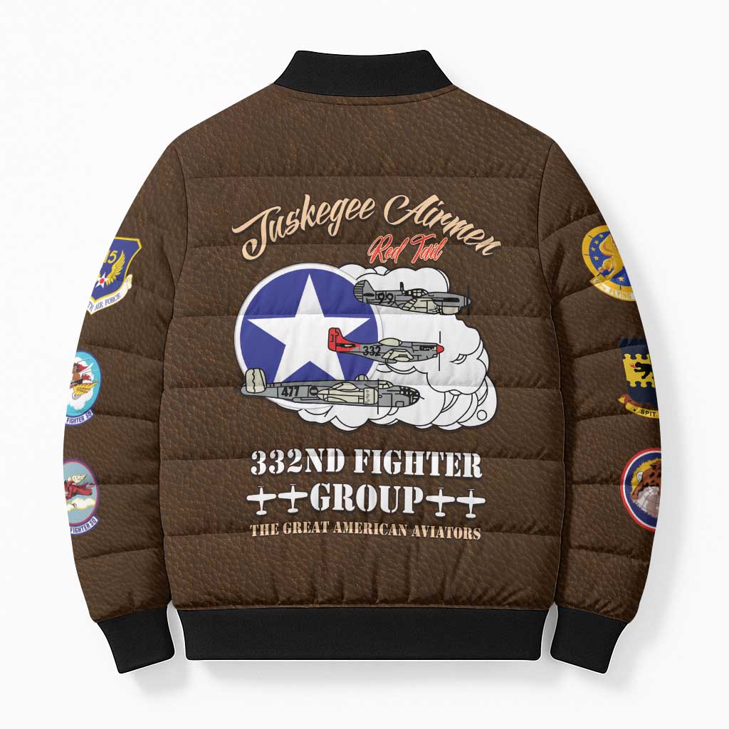 Tuskegee Airmen WWII Heroes Bomber Puffer Jacket The Great American Aviators Brown Leather Pattern - Wonder Print Shop