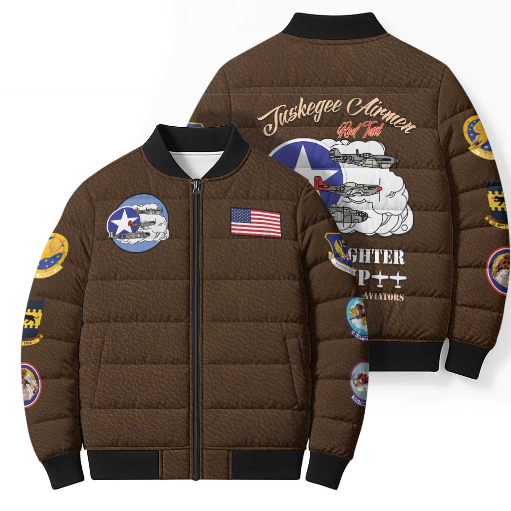 Tuskegee Airmen WWII Heroes Bomber Puffer Jacket The Great American Aviators Brown Leather Pattern - Wonder Print Shop