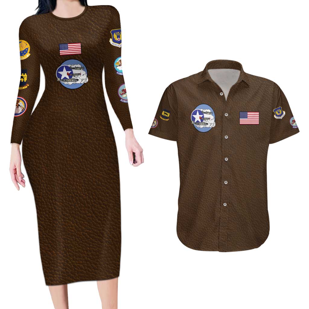 Tuskegee Airmen WWII Heroes Couples Matching Long Sleeve Bodycon Dress and Hawaiian Shirt The Great American Aviators Brown Leather Pattern - Wonder Print Shop