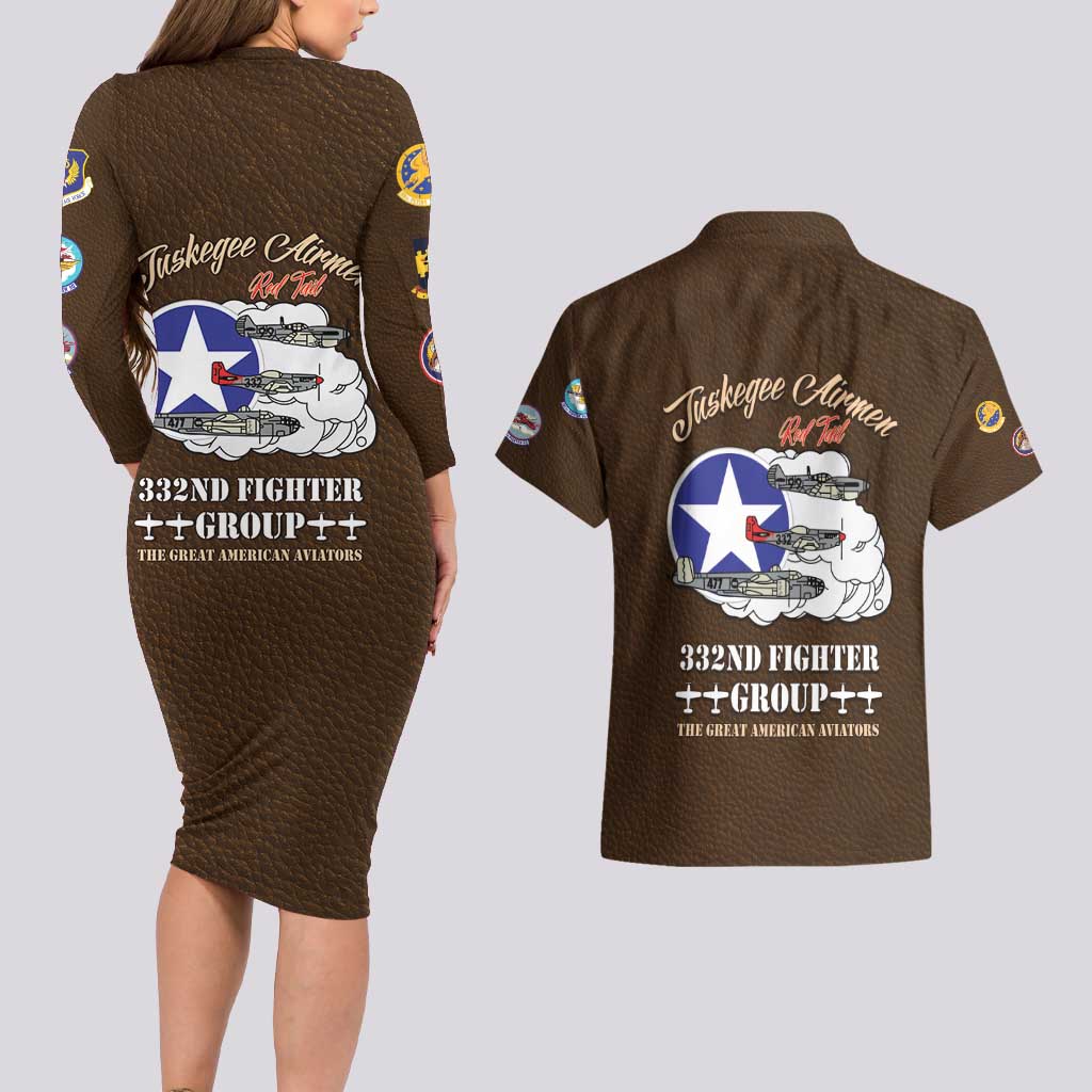 Tuskegee Airmen WWII Heroes Couples Matching Long Sleeve Bodycon Dress and Hawaiian Shirt The Great American Aviators Brown Leather Pattern - Wonder Print Shop