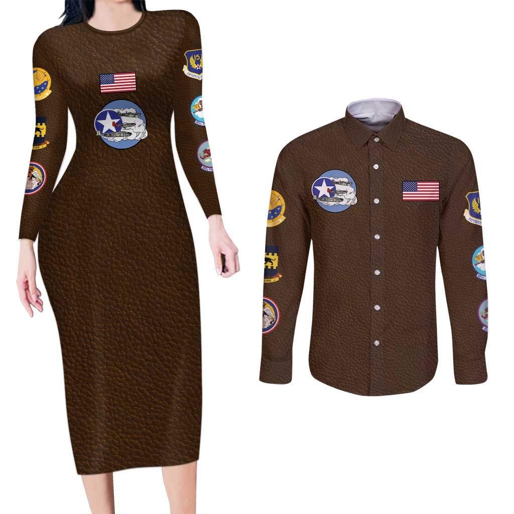 Tuskegee Airmen WWII Heroes Couples Matching Long Sleeve Bodycon Dress and Long Sleeve Button Shirt The Great American Aviators Brown Leather Pattern - Wonder Print Shop