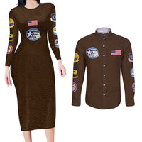 Tuskegee Airmen WWII Heroes Couples Matching Long Sleeve Bodycon Dress and Long Sleeve Button Shirt The Great American Aviators Brown Leather Pattern - Wonder Print Shop