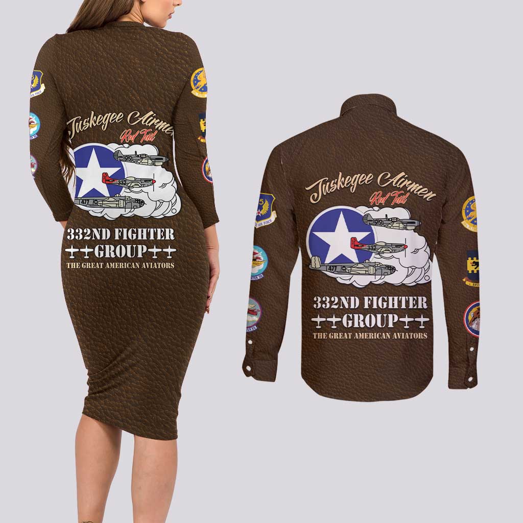 Tuskegee Airmen WWII Heroes Couples Matching Long Sleeve Bodycon Dress and Long Sleeve Button Shirt The Great American Aviators Brown Leather Pattern - Wonder Print Shop