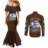 Tuskegee Airmen WWII Heroes Couples Matching Mermaid Dress and Long Sleeve Button Shirt The Great American Aviators Brown Leather Pattern - Wonder Print Shop