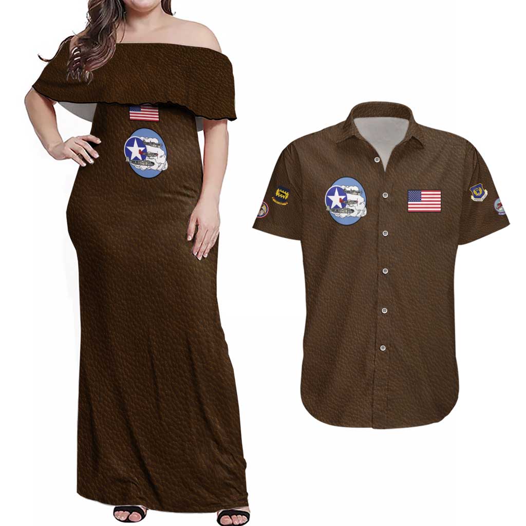 Tuskegee Airmen WWII Heroes Couples Matching Off Shoulder Maxi Dress and Hawaiian Shirt The Great American Aviators Brown Leather Pattern - Wonder Print Shop