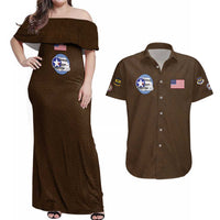 Tuskegee Airmen WWII Heroes Couples Matching Off Shoulder Maxi Dress and Hawaiian Shirt The Great American Aviators Brown Leather Pattern - Wonder Print Shop