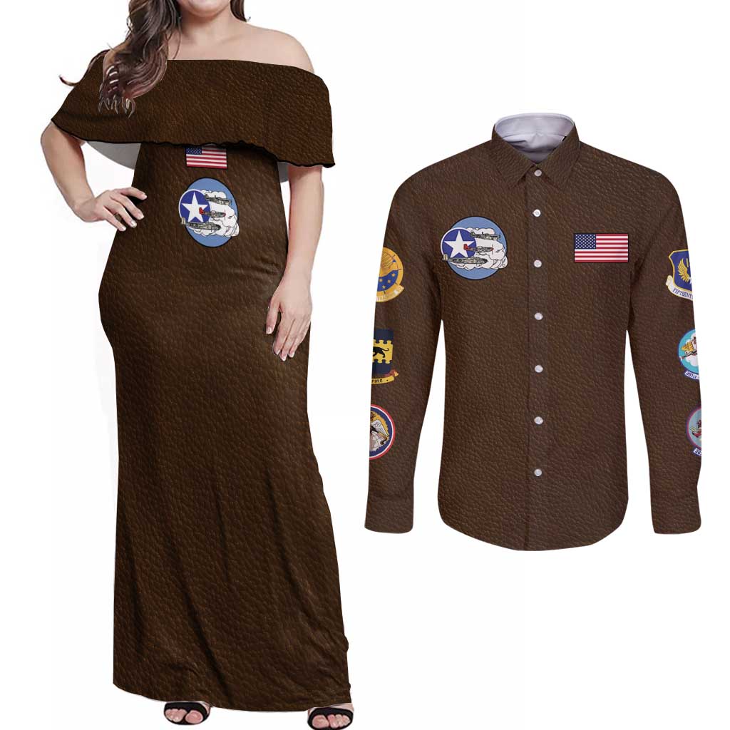 Tuskegee Airmen WWII Heroes Couples Matching Off Shoulder Maxi Dress and Long Sleeve Button Shirt The Great American Aviators Brown Leather Pattern - Wonder Print Shop