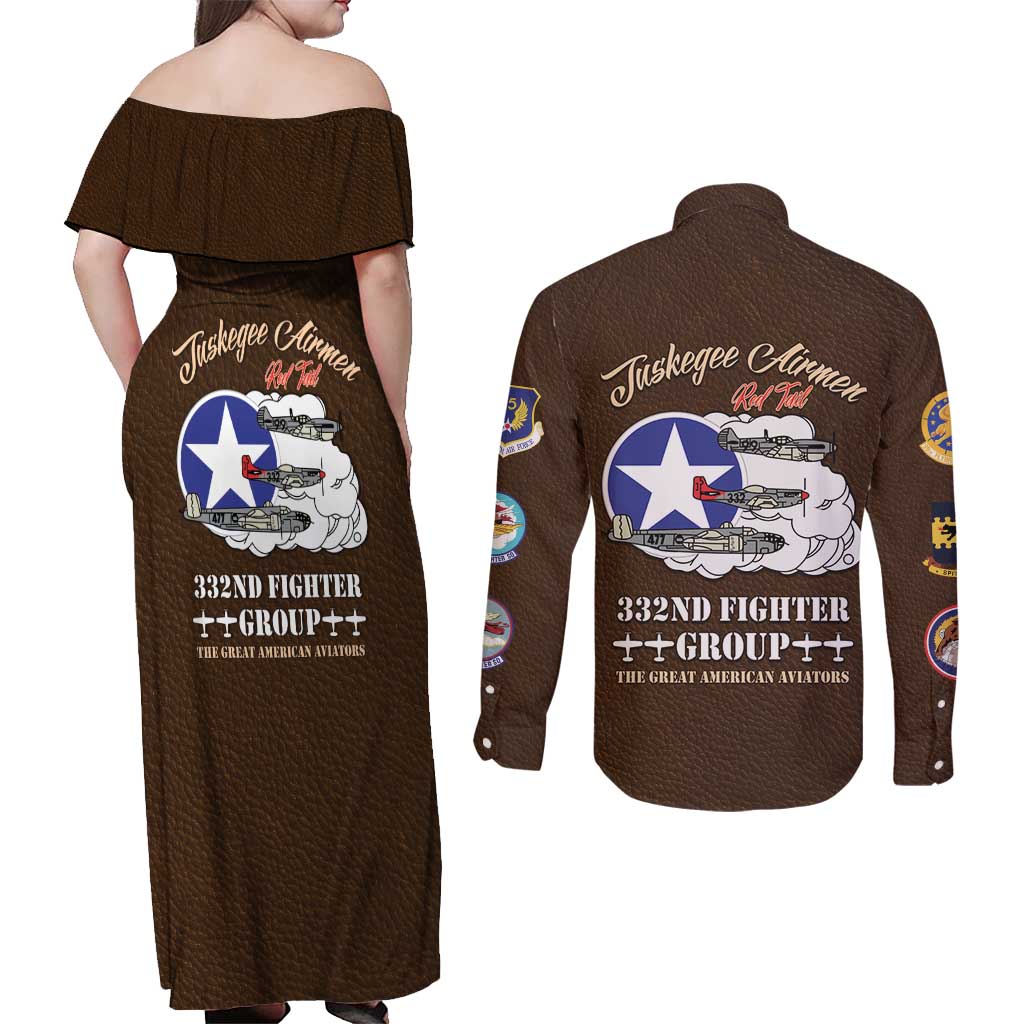 Tuskegee Airmen WWII Heroes Couples Matching Off Shoulder Maxi Dress and Long Sleeve Button Shirt The Great American Aviators Brown Leather Pattern - Wonder Print Shop