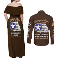 Tuskegee Airmen WWII Heroes Couples Matching Off Shoulder Maxi Dress and Long Sleeve Button Shirt The Great American Aviators Brown Leather Pattern - Wonder Print Shop