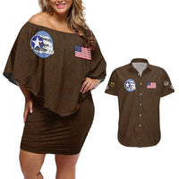 Tuskegee Airmen WWII Heroes Couples Matching Off Shoulder Short Dress and Hawaiian Shirt The Great American Aviators Brown Leather Pattern - Wonder Print Shop