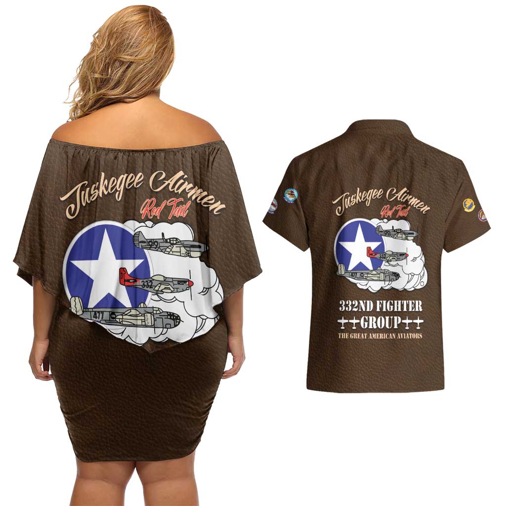 Tuskegee Airmen WWII Heroes Couples Matching Off Shoulder Short Dress and Hawaiian Shirt The Great American Aviators Brown Leather Pattern - Wonder Print Shop