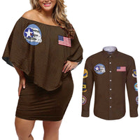Tuskegee Airmen WWII Heroes Couples Matching Off Shoulder Short Dress and Long Sleeve Button Shirt The Great American Aviators Brown Leather Pattern - Wonder Print Shop
