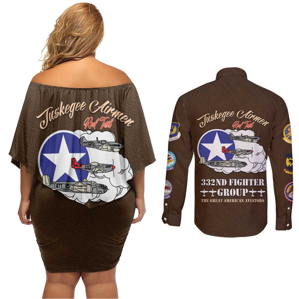 Tuskegee Airmen WWII Heroes Couples Matching Off Shoulder Short Dress and Long Sleeve Button Shirt The Great American Aviators Brown Leather Pattern - Wonder Print Shop