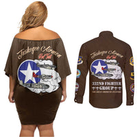 Tuskegee Airmen WWII Heroes Couples Matching Off Shoulder Short Dress and Long Sleeve Button Shirt The Great American Aviators Brown Leather Pattern - Wonder Print Shop