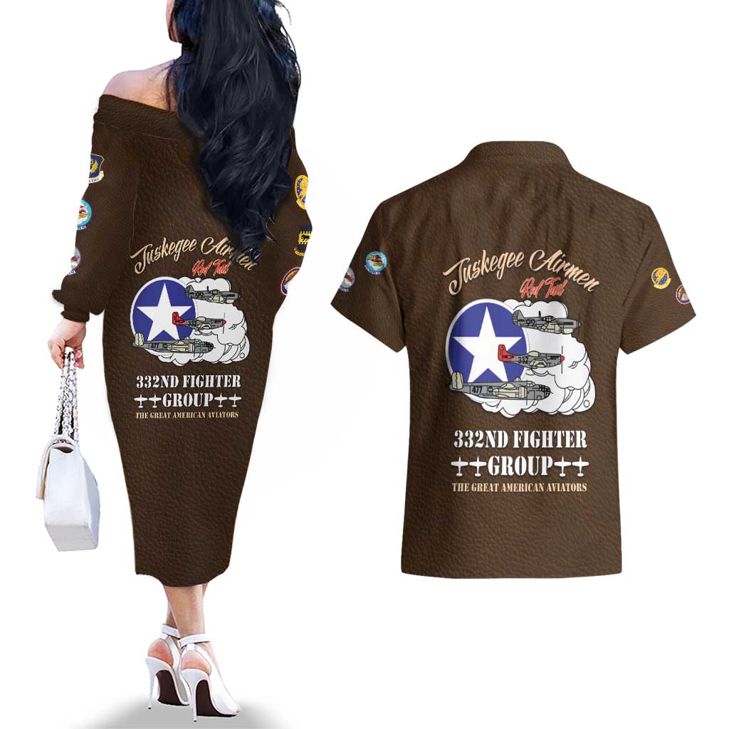 Tuskegee Airmen WWII Heroes Couples Matching Off The Shoulder Long Sleeve Dress and Hawaiian Shirt The Great American Aviators Brown Leather Pattern - Wonder Print Shop