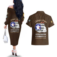 Tuskegee Airmen WWII Heroes Couples Matching Off The Shoulder Long Sleeve Dress and Hawaiian Shirt The Great American Aviators Brown Leather Pattern - Wonder Print Shop