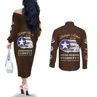 Tuskegee Airmen WWII Heroes Couples Matching Off The Shoulder Long Sleeve Dress and Long Sleeve Button Shirt The Great American Aviators Brown Leather Pattern - Wonder Print Shop
