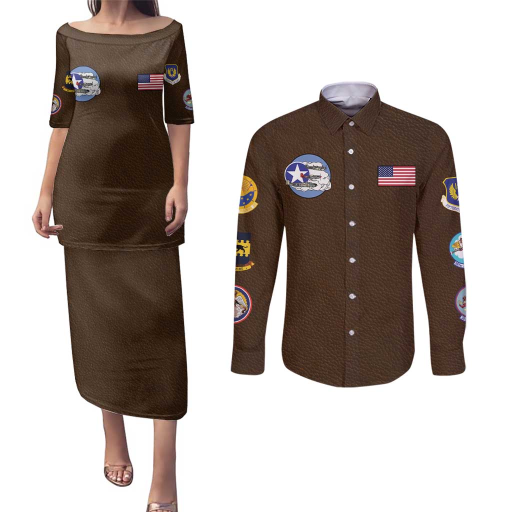 Tuskegee Airmen WWII Heroes Couples Matching Puletasi and Long Sleeve Button Shirt The Great American Aviators Brown Leather Pattern - Wonder Print Shop