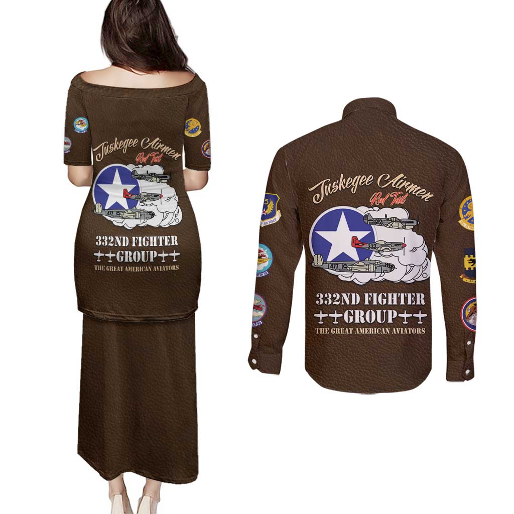 Tuskegee Airmen WWII Heroes Couples Matching Puletasi and Long Sleeve Button Shirt The Great American Aviators Brown Leather Pattern - Wonder Print Shop