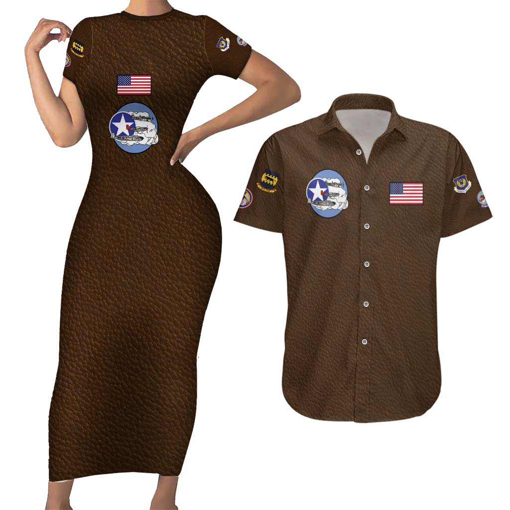 Tuskegee Airmen WWII Heroes Couples Matching Short Sleeve Bodycon Dress and Hawaiian Shirt The Great American Aviators Brown Leather Pattern - Wonder Print Shop