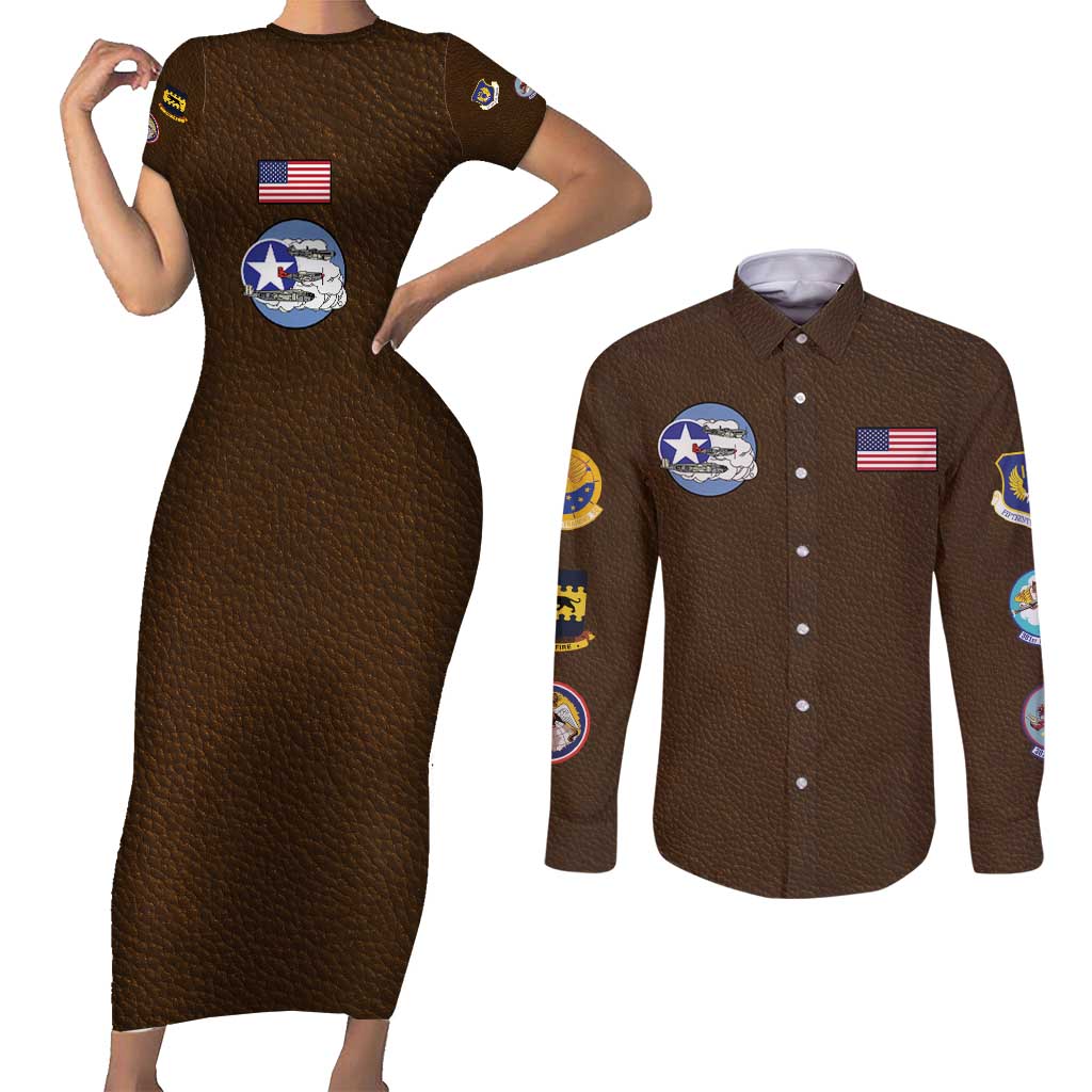 Tuskegee Airmen WWII Heroes Couples Matching Short Sleeve Bodycon Dress and Long Sleeve Button Shirt The Great American Aviators Brown Leather Pattern - Wonder Print Shop