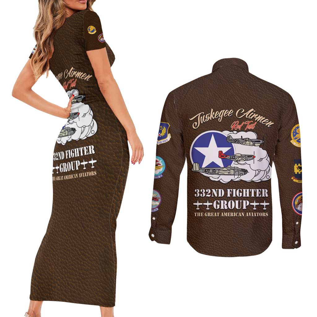 Tuskegee Airmen WWII Heroes Couples Matching Short Sleeve Bodycon Dress and Long Sleeve Button Shirt The Great American Aviators Brown Leather Pattern - Wonder Print Shop