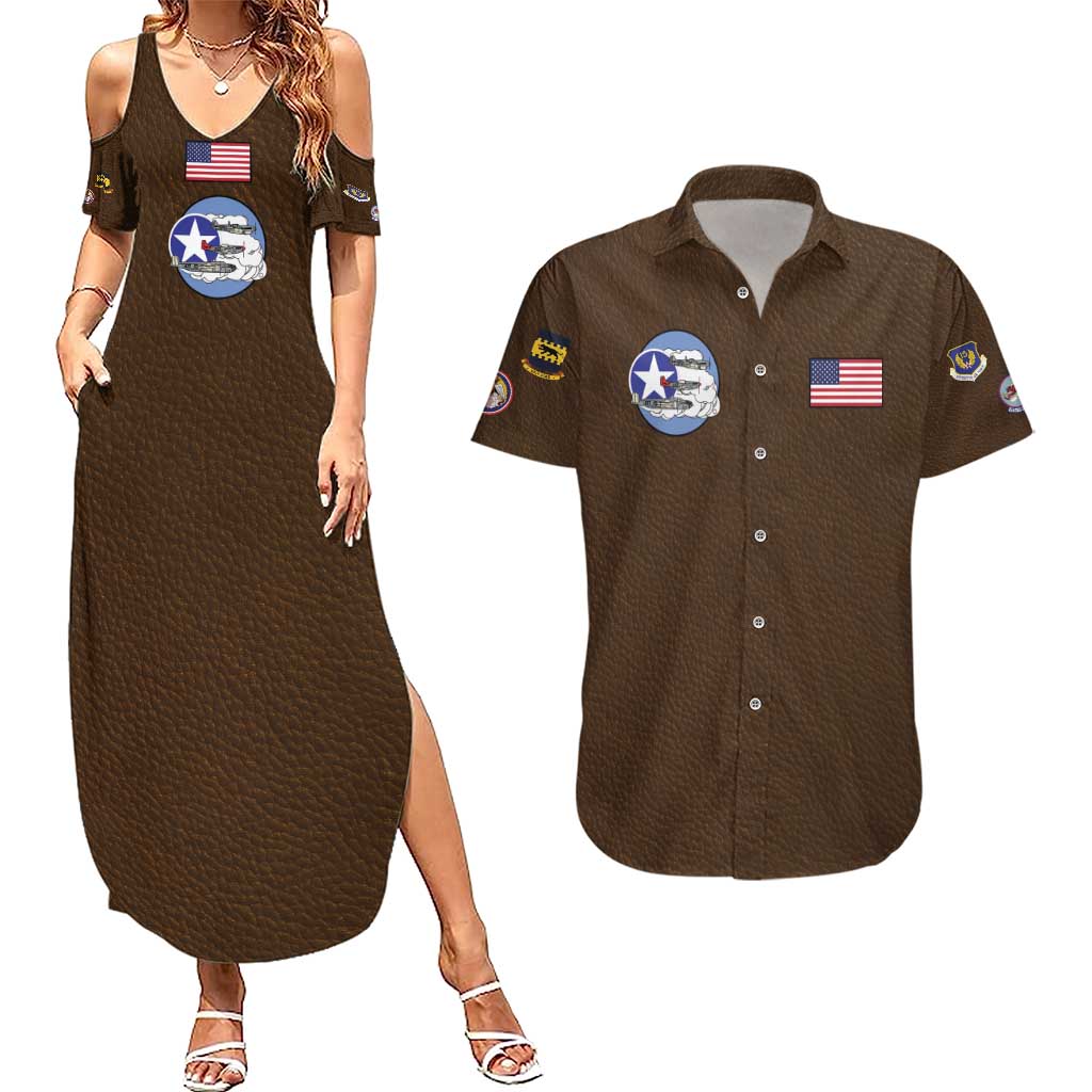 Tuskegee Airmen WWII Heroes Couples Matching Summer Maxi Dress and Hawaiian Shirt The Great American Aviators Brown Leather Pattern - Wonder Print Shop