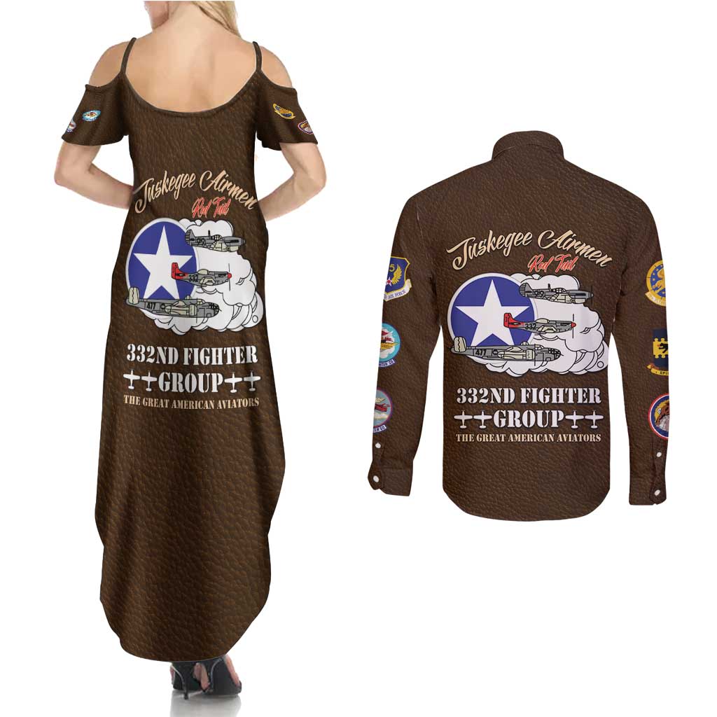 Tuskegee Airmen WWII Heroes Couples Matching Summer Maxi Dress and Long Sleeve Button Shirt The Great American Aviators Brown Leather Pattern - Wonder Print Shop