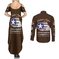 Tuskegee Airmen WWII Heroes Couples Matching Summer Maxi Dress and Long Sleeve Button Shirt The Great American Aviators Brown Leather Pattern - Wonder Print Shop