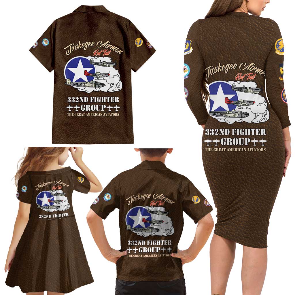 Tuskegee Airmen WWII Heroes Family Matching Long Sleeve Bodycon Dress and Hawaiian Shirt The Great American Aviators Brown Leather Pattern - Wonder Print Shop