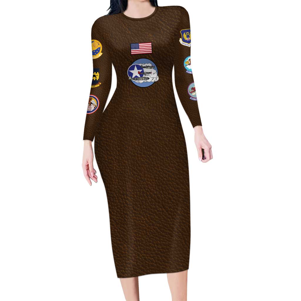 Tuskegee Airmen WWII Heroes Family Matching Long Sleeve Bodycon Dress and Hawaiian Shirt The Great American Aviators Brown Leather Pattern - Wonder Print Shop