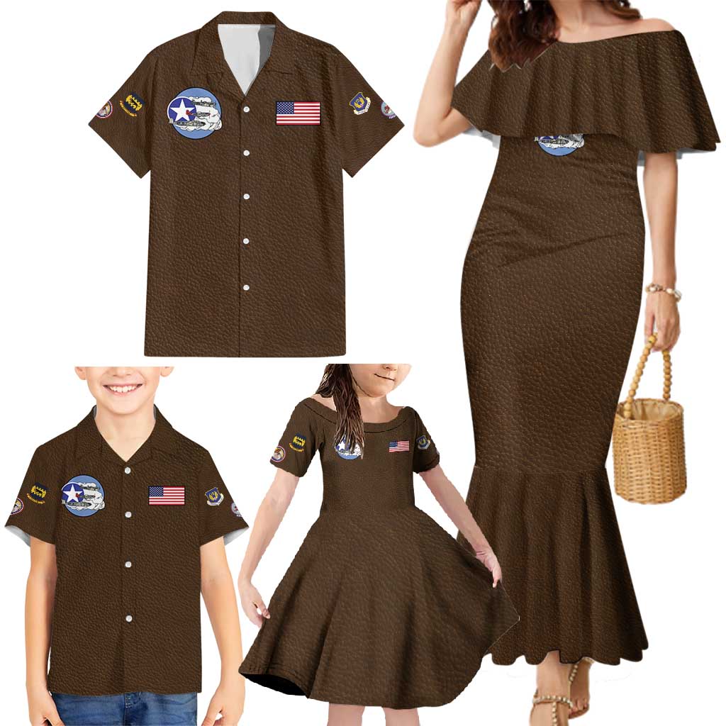 Tuskegee Airmen WWII Heroes Family Matching Mermaid Dress and Hawaiian Shirt The Great American Aviators Brown Leather Pattern - Wonder Print Shop