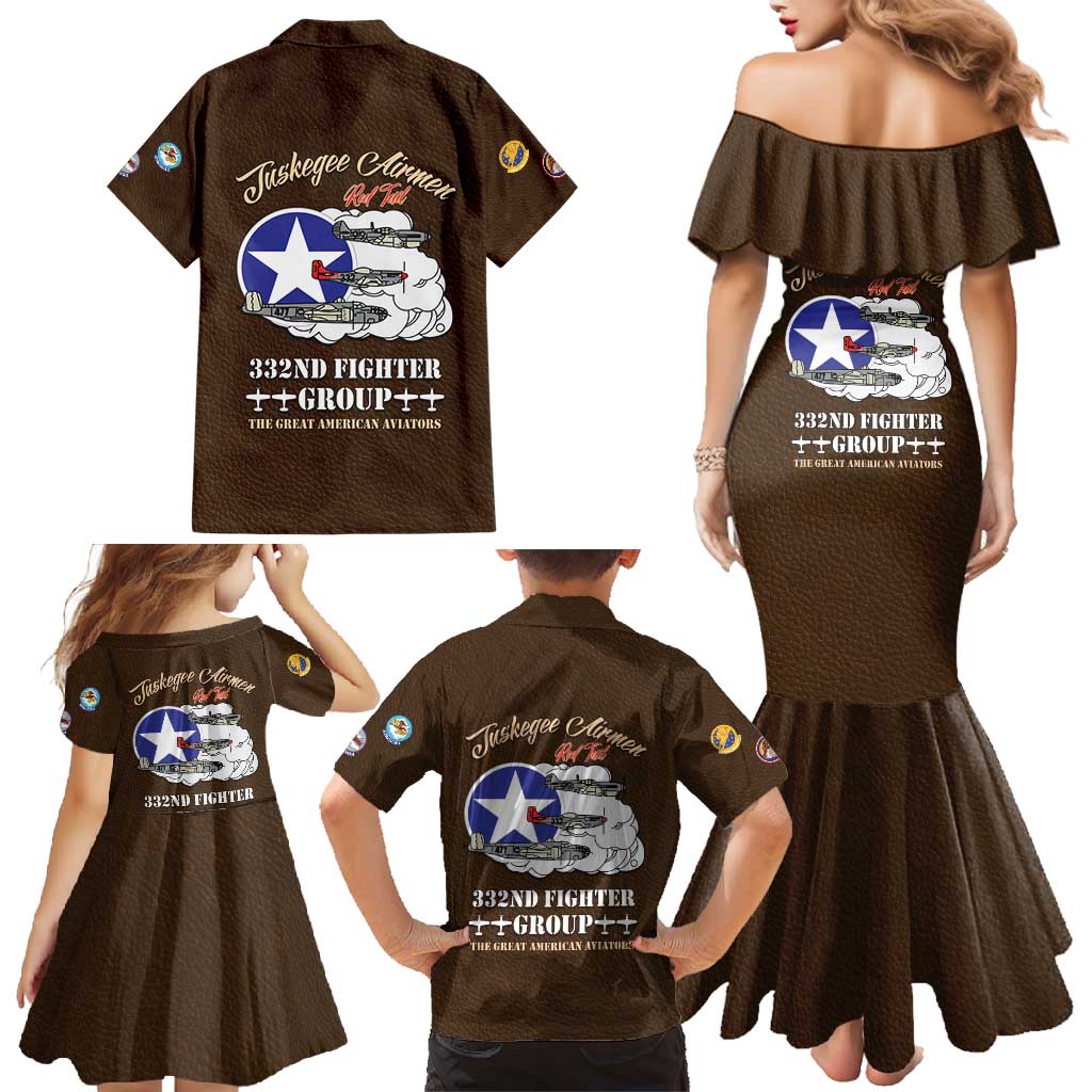 Tuskegee Airmen WWII Heroes Family Matching Mermaid Dress and Hawaiian Shirt The Great American Aviators Brown Leather Pattern - Wonder Print Shop