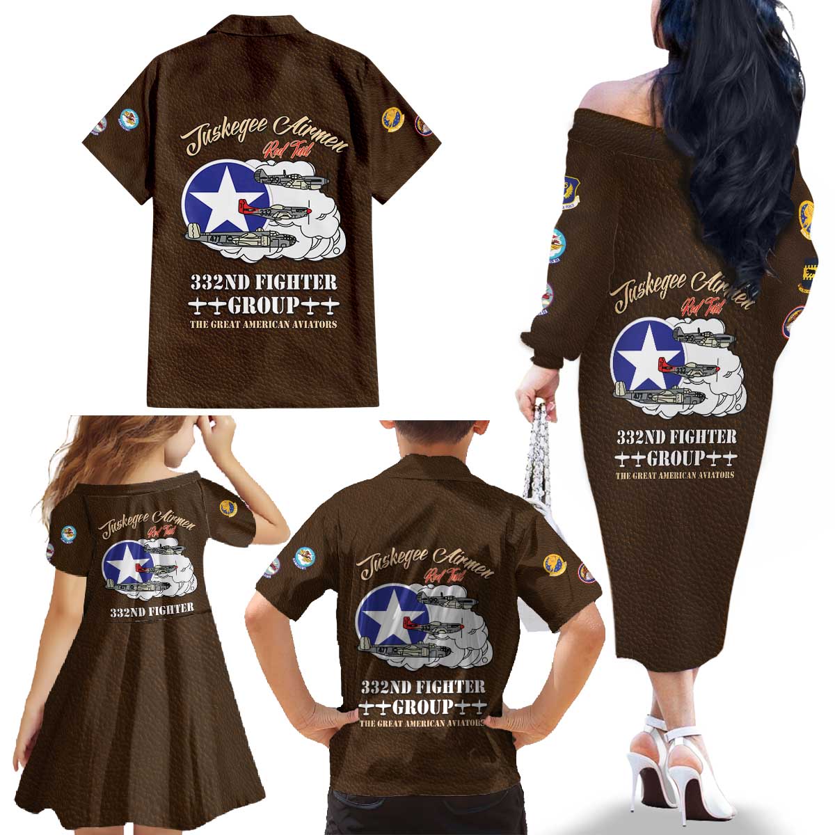 Tuskegee Airmen WWII Heroes Family Matching Off The Shoulder Long Sleeve Dress and Hawaiian Shirt The Great American Aviators Brown Leather Pattern - Wonder Print Shop