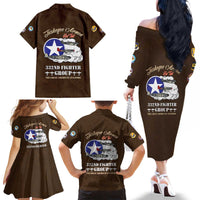 Tuskegee Airmen WWII Heroes Family Matching Off The Shoulder Long Sleeve Dress and Hawaiian Shirt The Great American Aviators Brown Leather Pattern - Wonder Print Shop