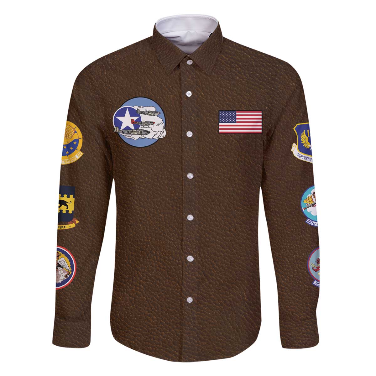 Tuskegee Airmen WWII Heroes Family Matching Off The Shoulder Long Sleeve Dress and Hawaiian Shirt The Great American Aviators Brown Leather Pattern - Wonder Print Shop