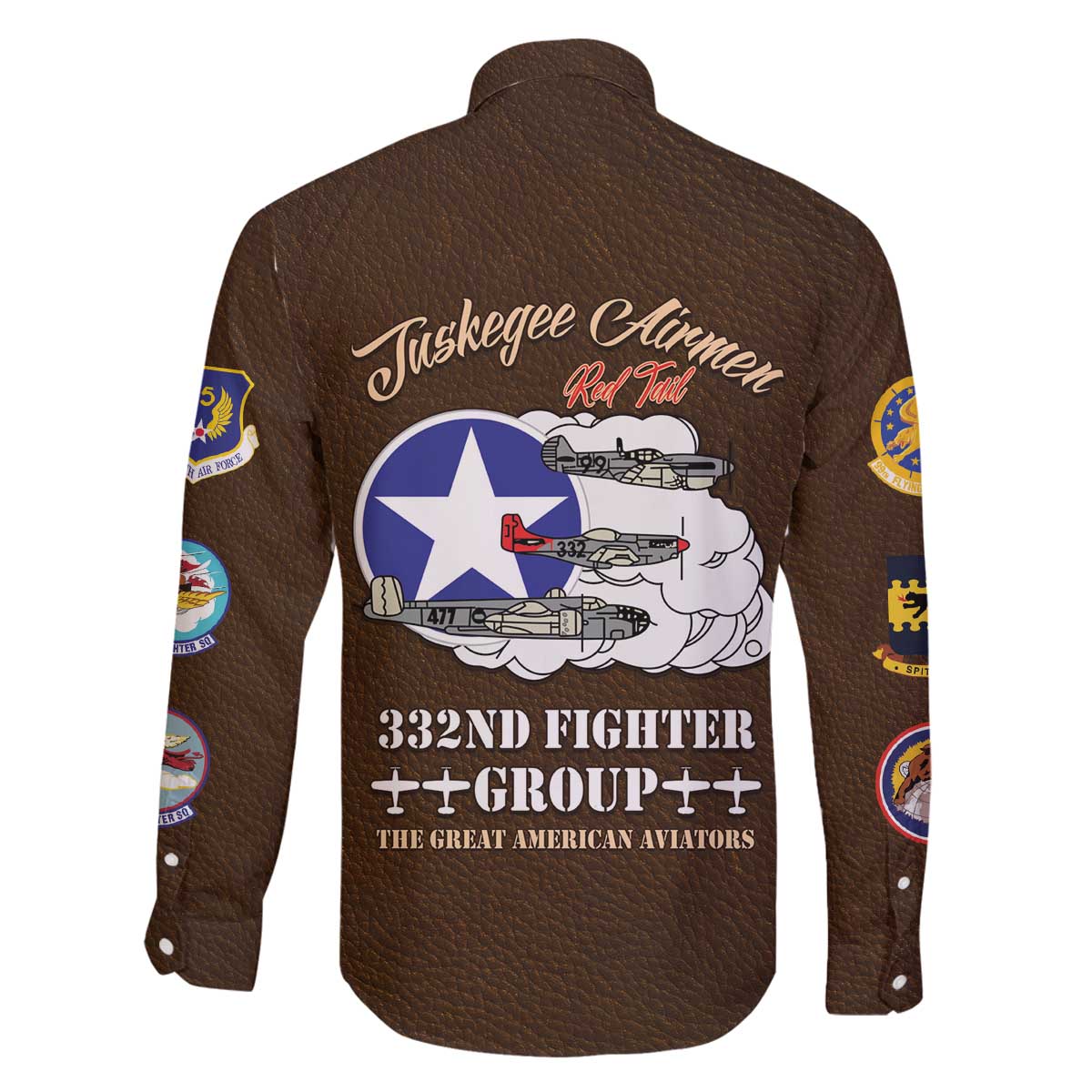 Tuskegee Airmen WWII Heroes Family Matching Off The Shoulder Long Sleeve Dress and Hawaiian Shirt The Great American Aviators Brown Leather Pattern - Wonder Print Shop
