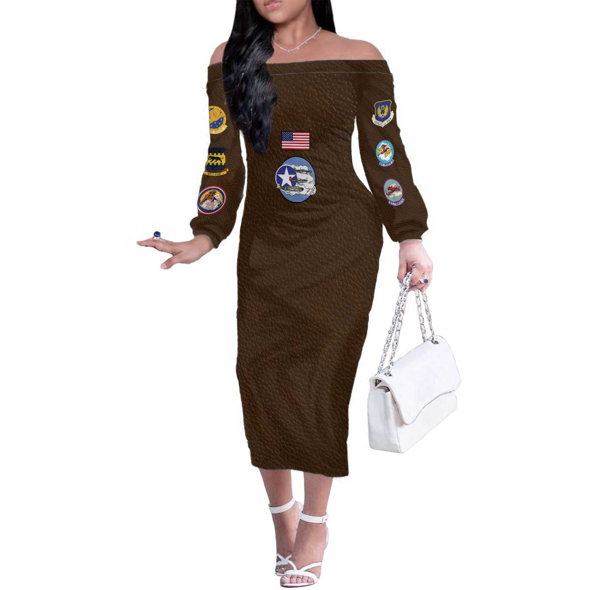 Tuskegee Airmen WWII Heroes Family Matching Off The Shoulder Long Sleeve Dress and Hawaiian Shirt The Great American Aviators Brown Leather Pattern - Wonder Print Shop