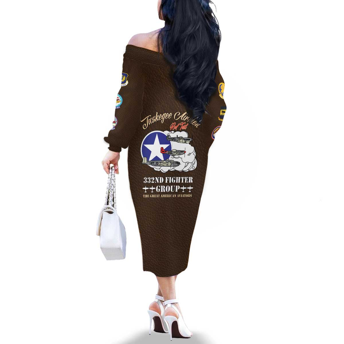 Tuskegee Airmen WWII Heroes Family Matching Off The Shoulder Long Sleeve Dress and Hawaiian Shirt The Great American Aviators Brown Leather Pattern - Wonder Print Shop