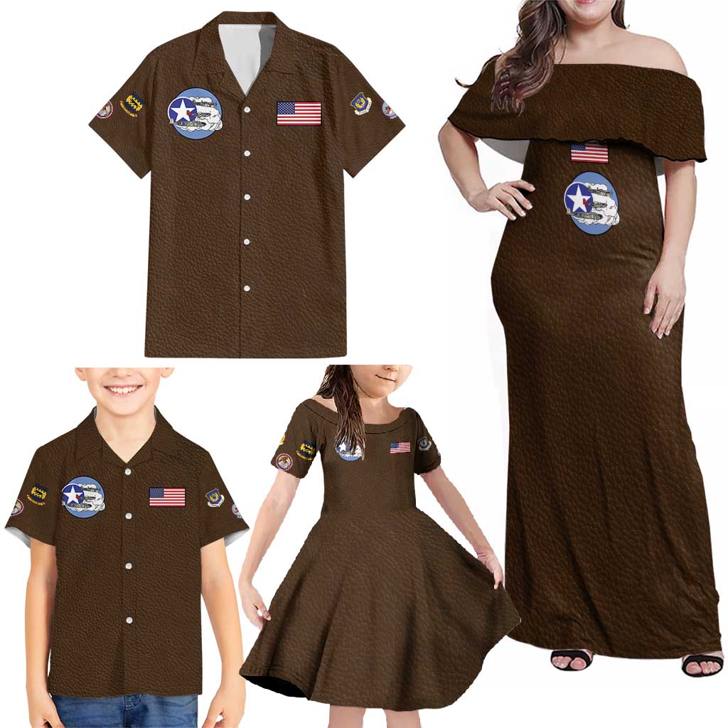 Tuskegee Airmen WWII Heroes Family Matching Off Shoulder Maxi Dress and Hawaiian Shirt The Great American Aviators Brown Leather Pattern - Wonder Print Shop