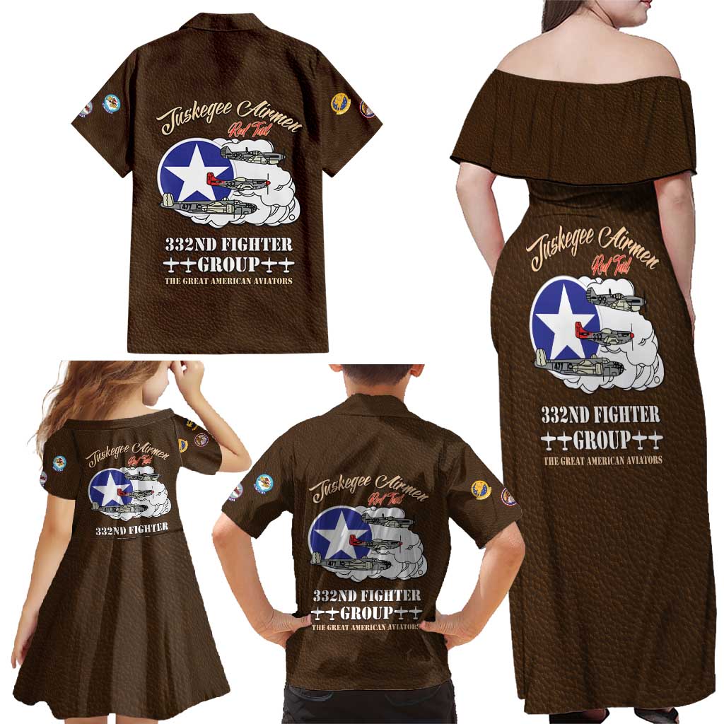 Tuskegee Airmen WWII Heroes Family Matching Off Shoulder Maxi Dress and Hawaiian Shirt The Great American Aviators Brown Leather Pattern - Wonder Print Shop