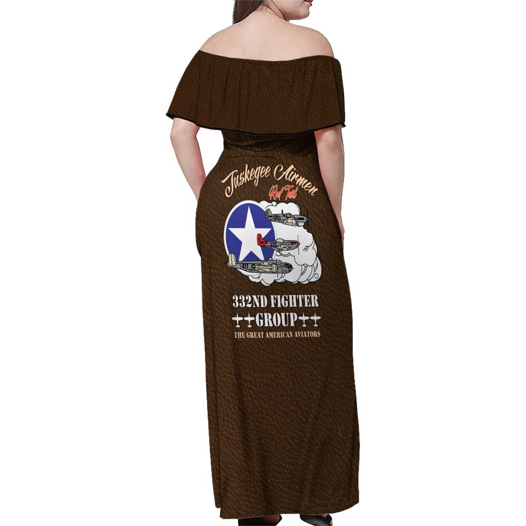 Tuskegee Airmen WWII Heroes Family Matching Off Shoulder Maxi Dress and Hawaiian Shirt The Great American Aviators Brown Leather Pattern - Wonder Print Shop