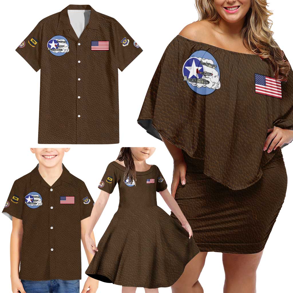 Tuskegee Airmen WWII Heroes Family Matching Off Shoulder Short Dress and Hawaiian Shirt The Great American Aviators Brown Leather Pattern - Wonder Print Shop